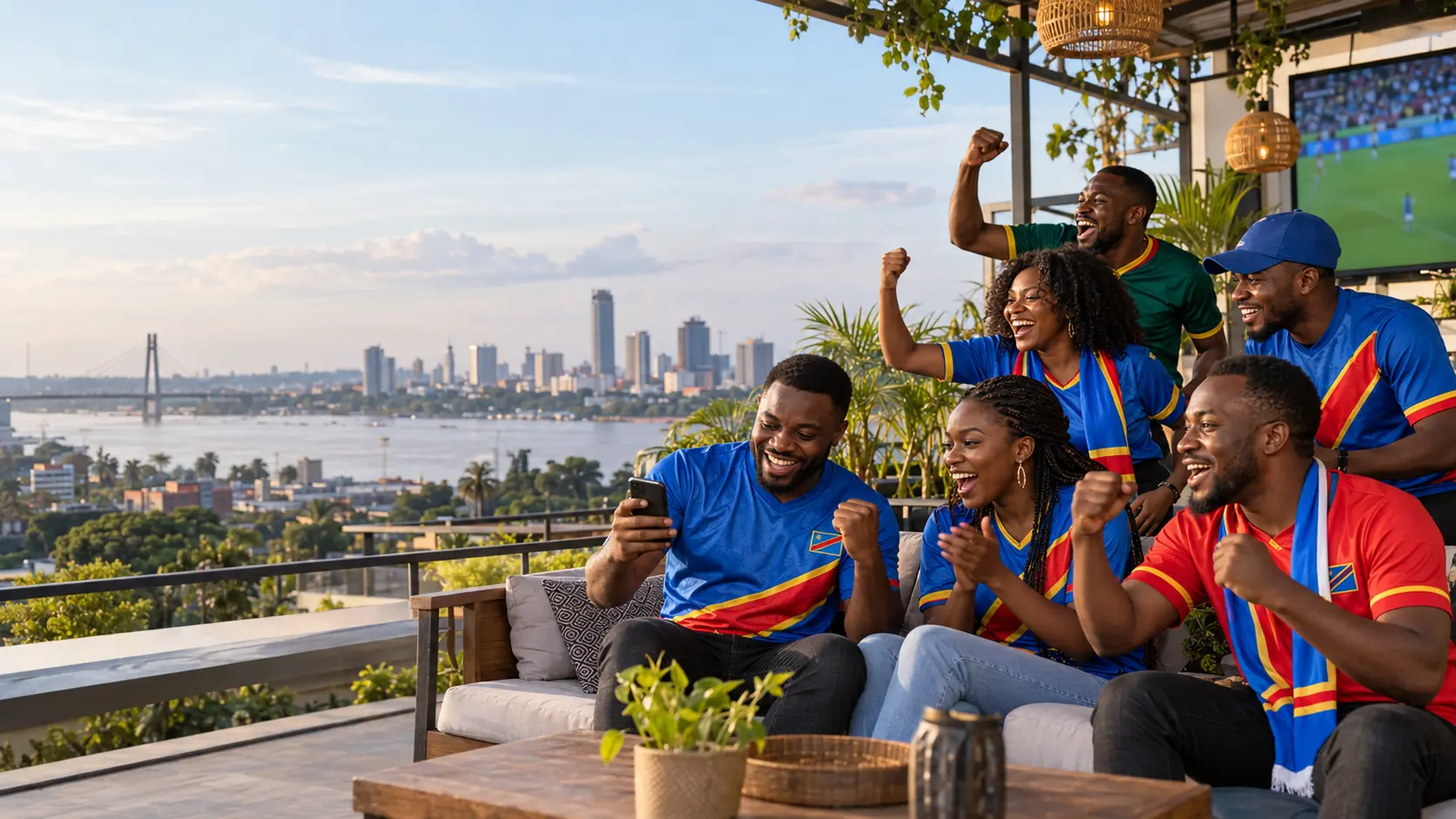 Supporters adultes à Kinshasa consultant un match sur téléphone