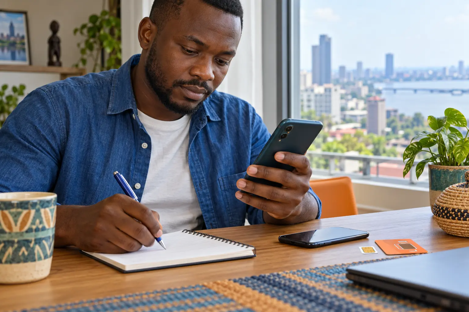 Client adulte confirmant un paiement mobile dans un point de service à Kinshasa